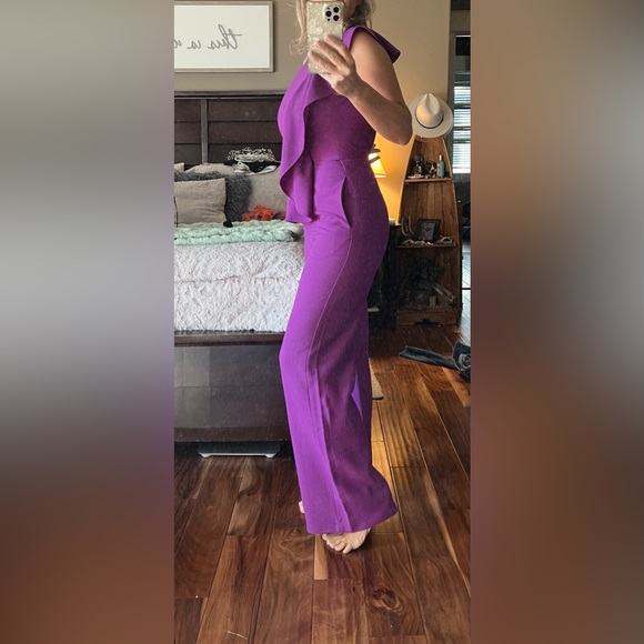 Black Halo Purple Ruffle Peplum Wide-Leg Jumpsuit - Picture 9 of 9